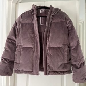 New MPG Velvet Hooded Down Puffer Jacket Satin Brown, Purple Gray Mondetta Small